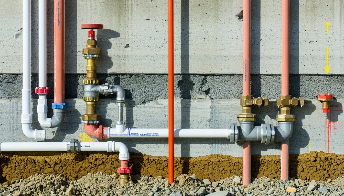 A construction site with newly installed plumbing